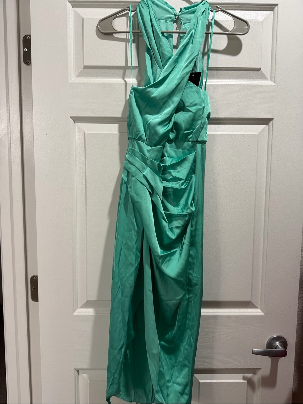 DO+BE Teal Green Draped Halter Evening Dress
